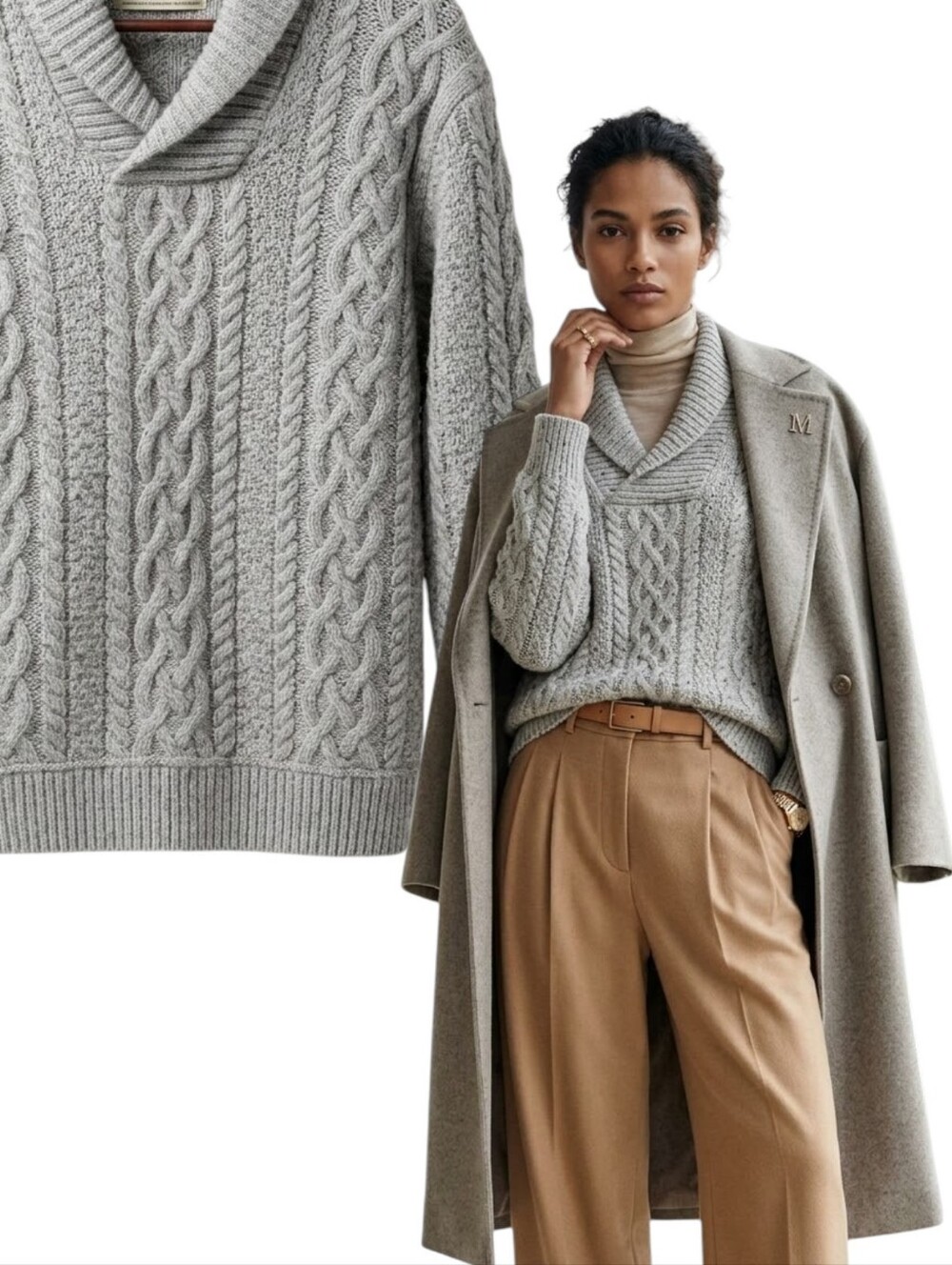 Aran 100 Wool Shawl Neck Classic Fisherman Sweater Relaxed Fit